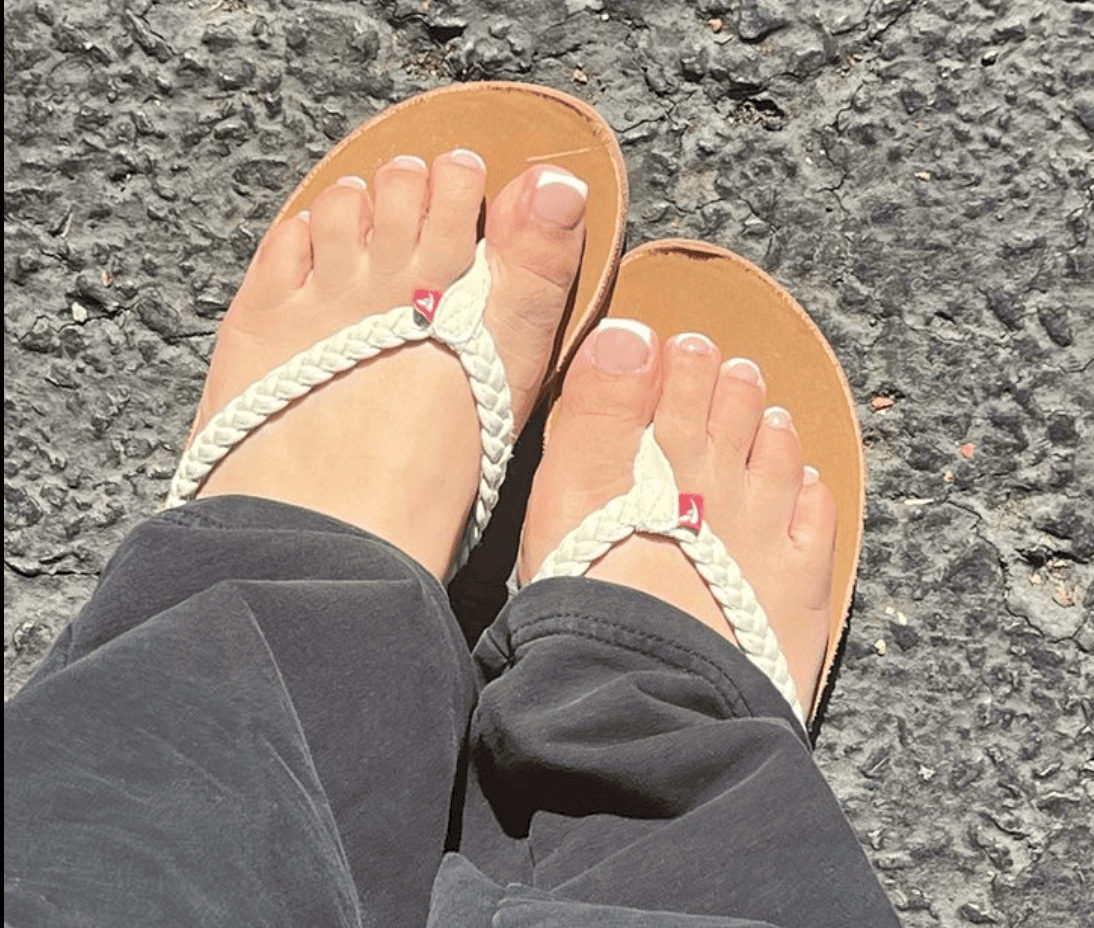 French tip pedicure in white braided sandals by Nails by Ken, El Cerrito CA